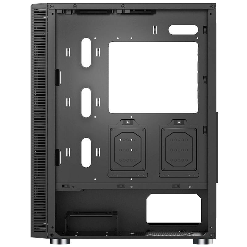 The image shows the interior of an empty computer case with multiple mounting spaces for hardware components and cable management openings.