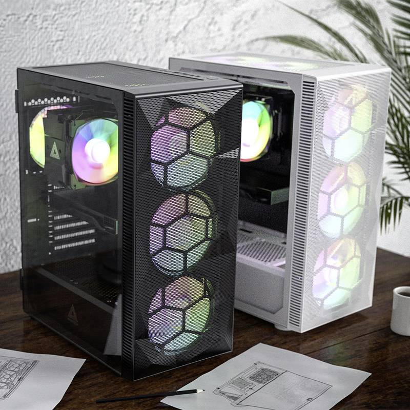 Two desktop PC cases with illuminated RGB fans on a wooden table. A plant is in the background, with blueprints in the foreground.