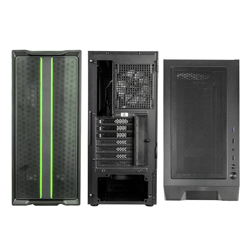 Three PC cases in black, with green LED strips on the front, rear showing connections and fan grilles.