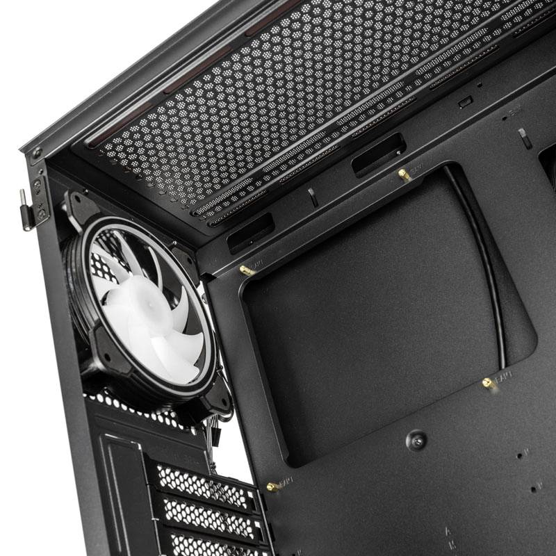 Interior view of an empty computer case with a fan, black chassis, and cable management openings, ready for assembly.