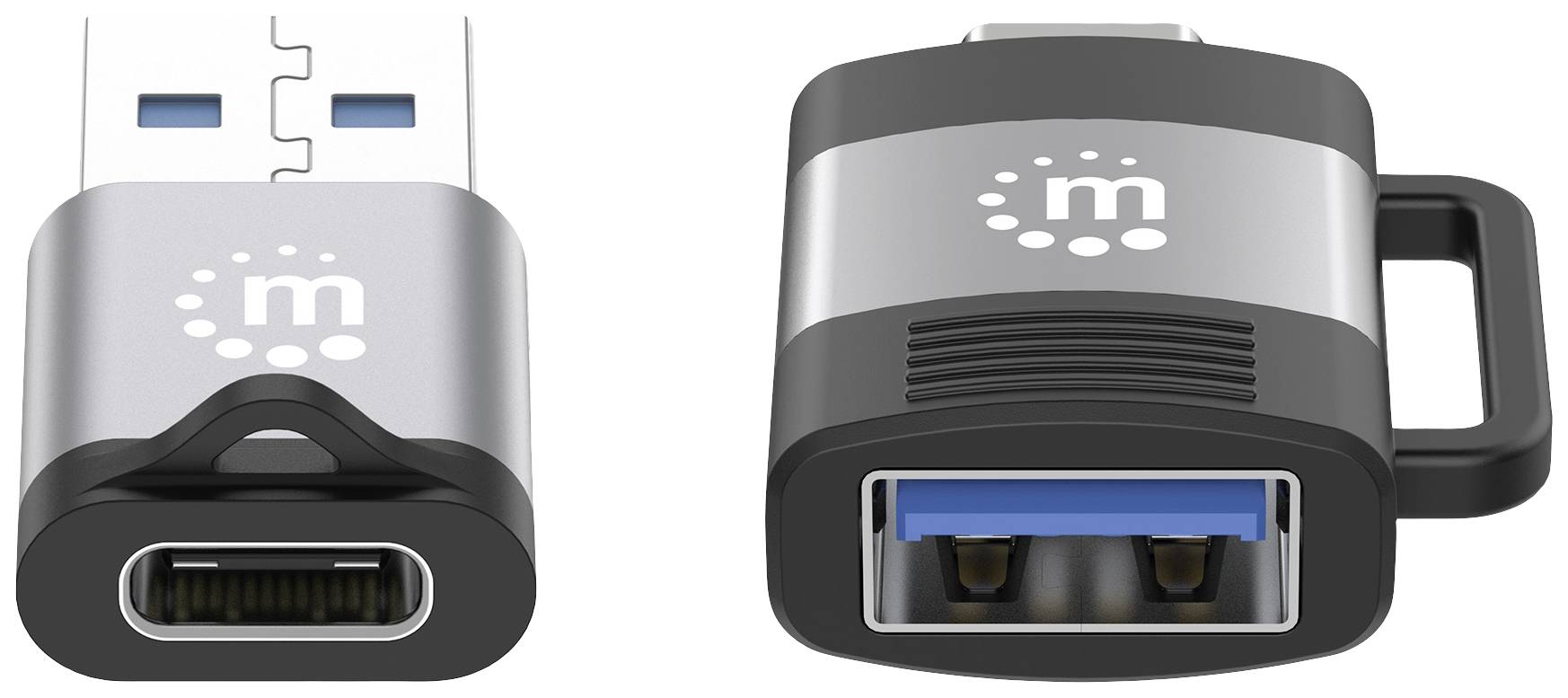 Two USB adapters: on the left, a USB-A to USB-C adapter, on the right, a USB-C to USB-A adapter.