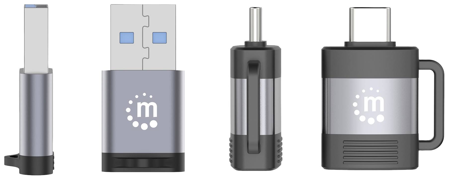An adaptor set with various USB ports: USB-A, USB-C and Micro-USB. All are grey-silver with black accents.