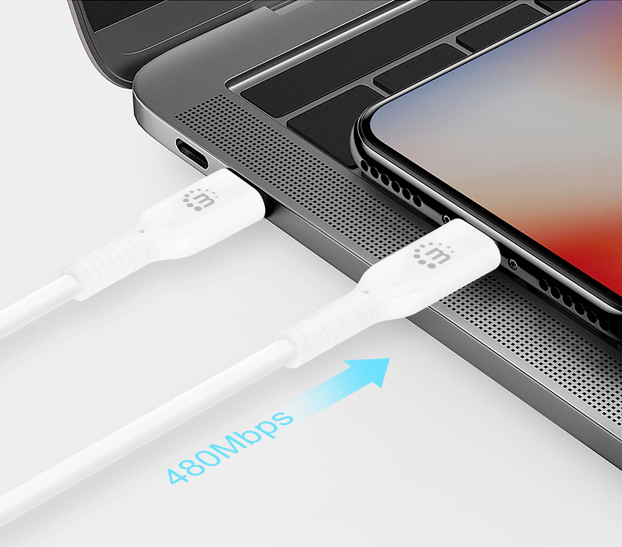 Two white cables are connected to a laptop, with a smartphone beside it. A blue arrow points to the text '480Mbps'.