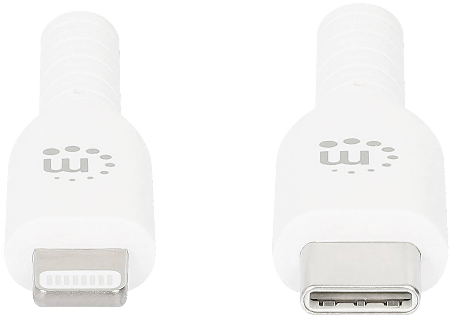 Two white cable adapters, one with a Lightning connector, the other with a USB-C connector, side by side on a white background.
