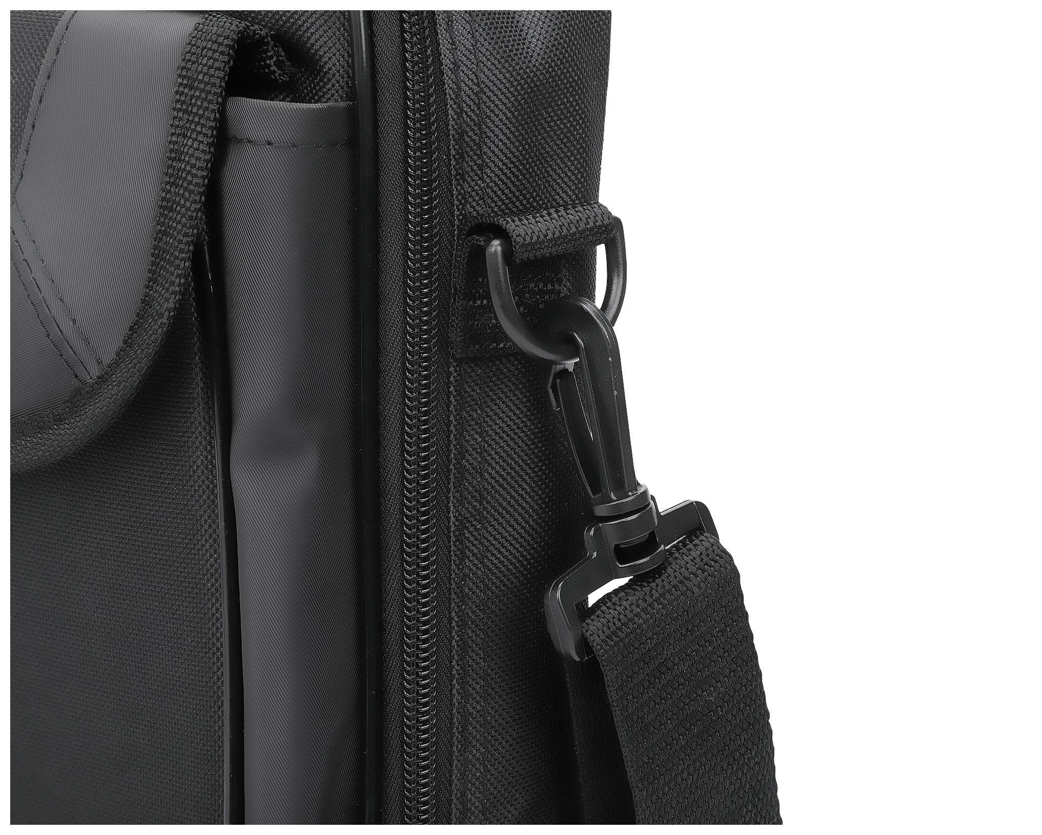 Close-up of a black carabiner hook fastening a strap to a bag. Beige and black fabrics are visible.