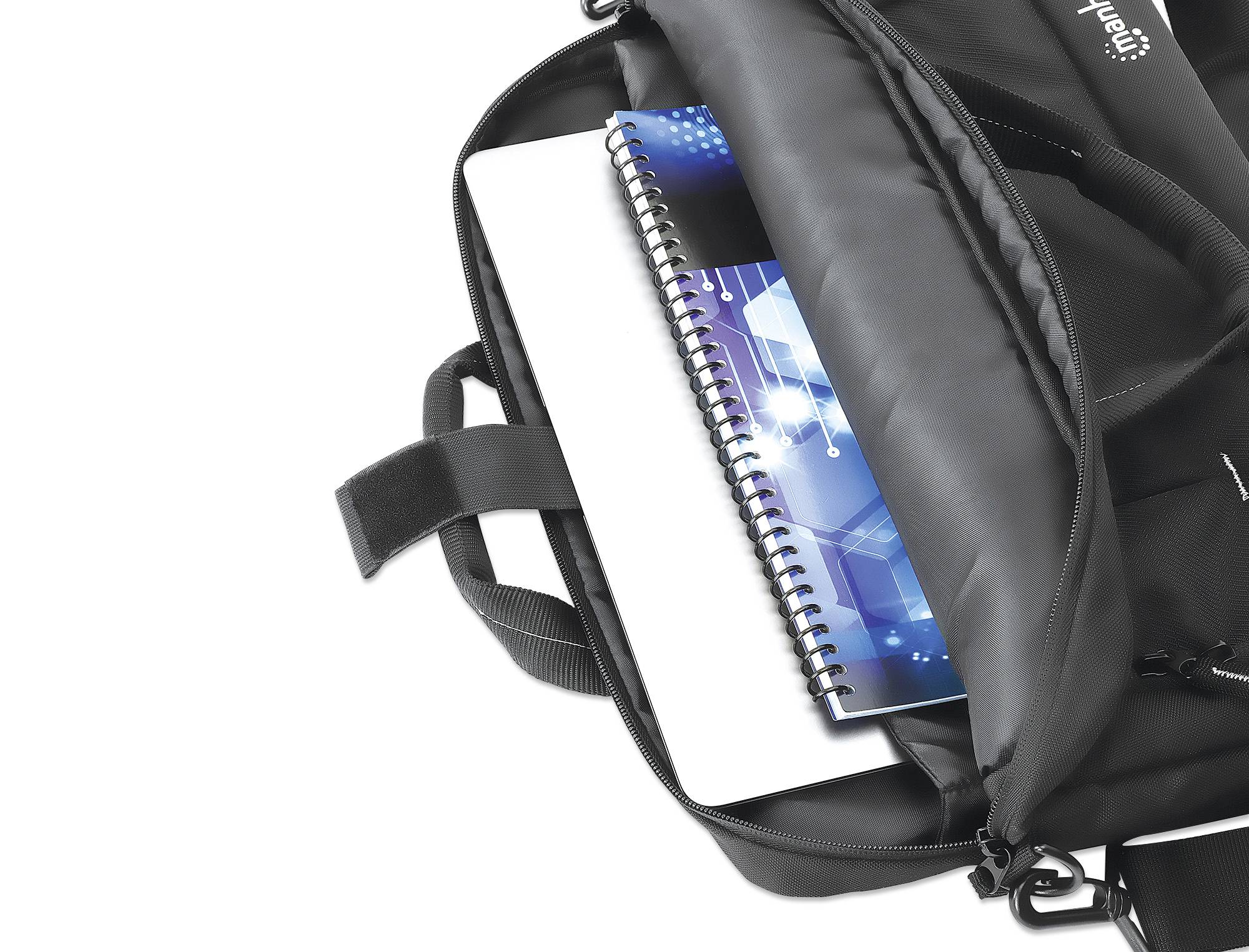 A black bag with an open compartment revealing a spiral notebook with a blue geometric pattern and a laptop.