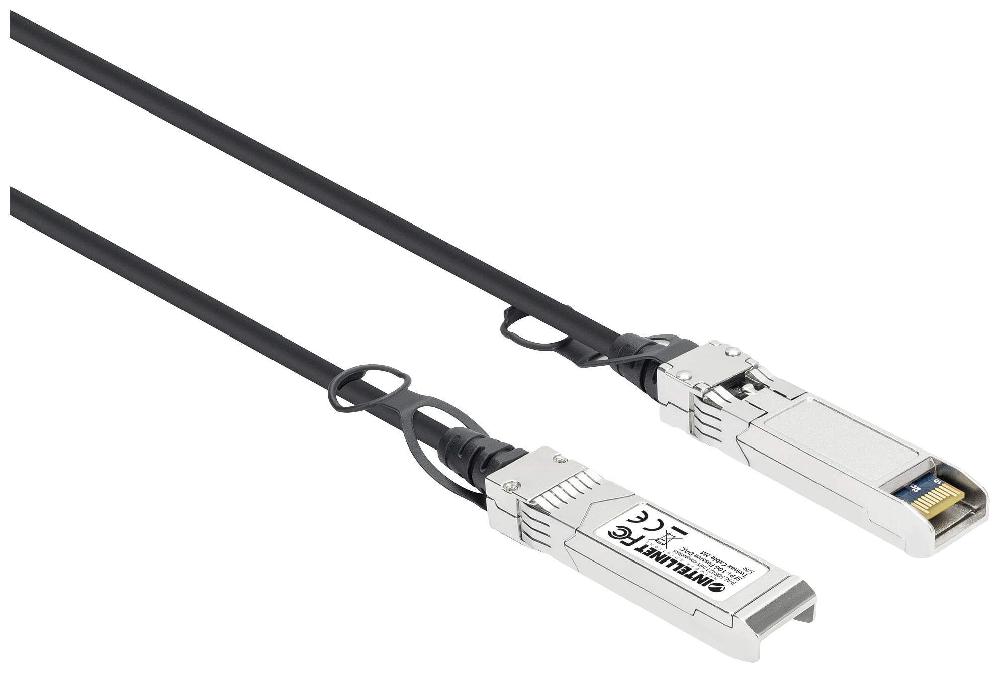 Two optical fibre cables connected with metallic connectors. 'SFP+ 10G' label visible. Design for high-speed data transmissions.