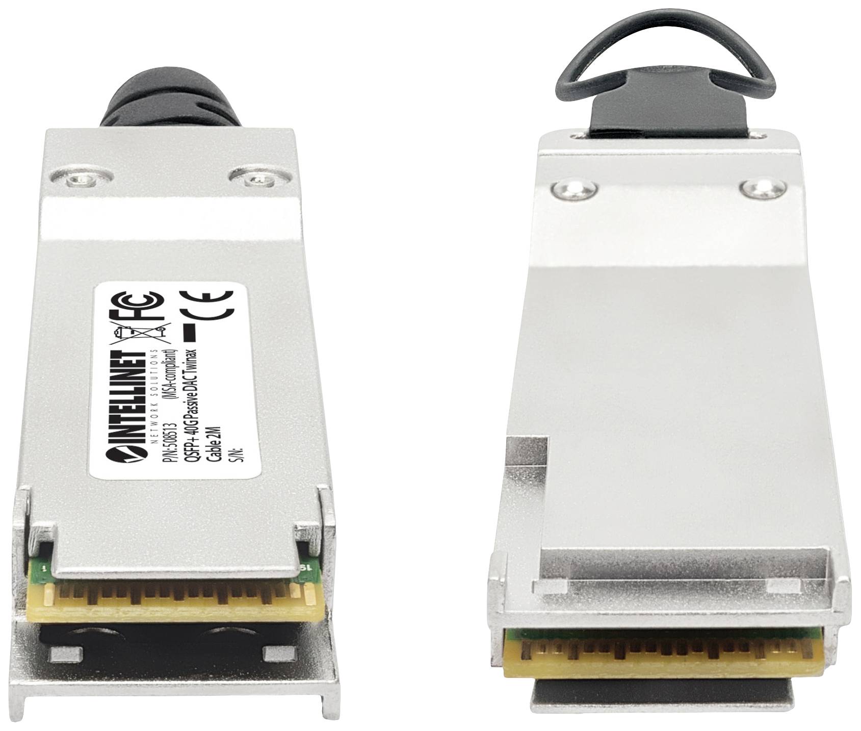 Two silver transceiver modules, front and back sides visible. A black lever is located in the top left. CE marking is identifiable.