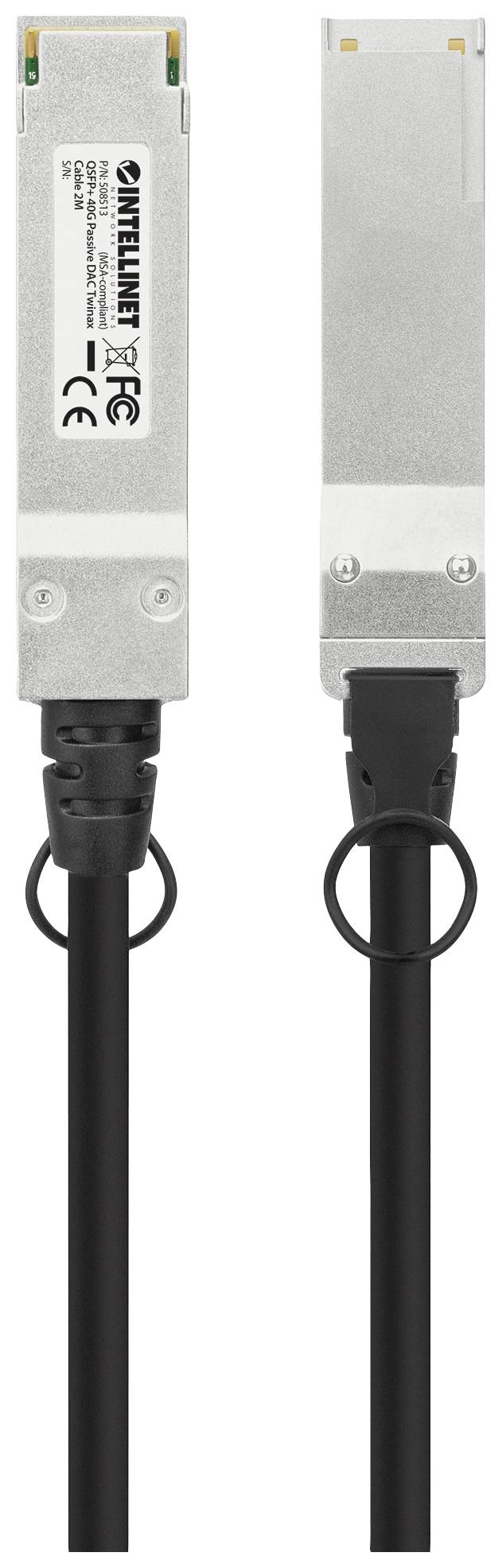 Two identical metal connectors with CE marking at the end of black cables, used for network technology connections.