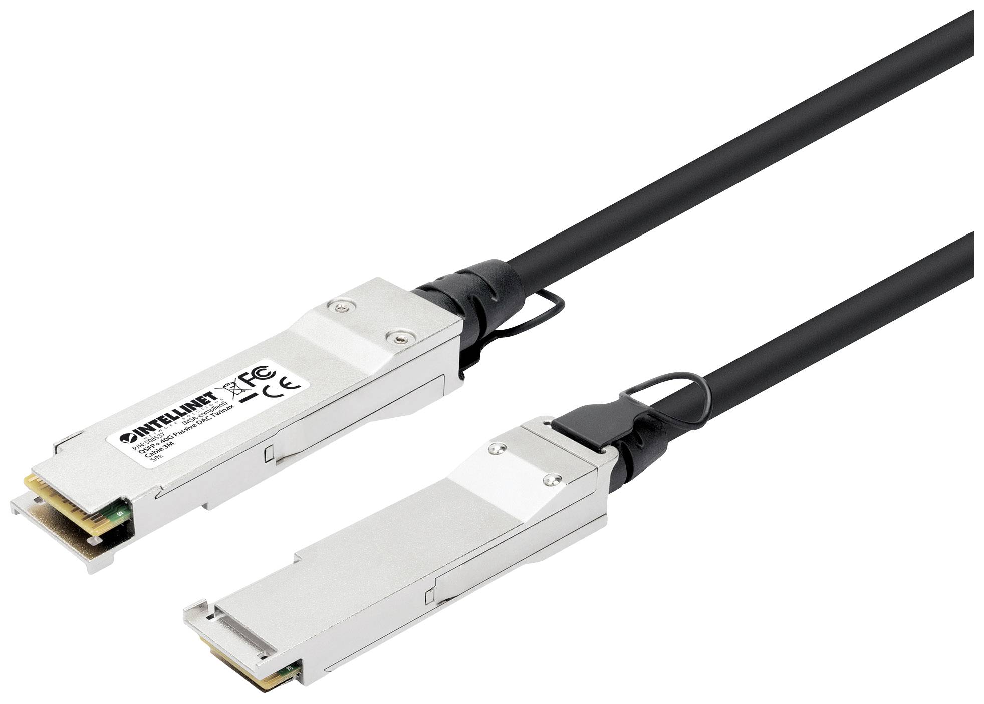 A black network cable with two silver connectors at the ends, suitable for high data transfer rates in data centres.