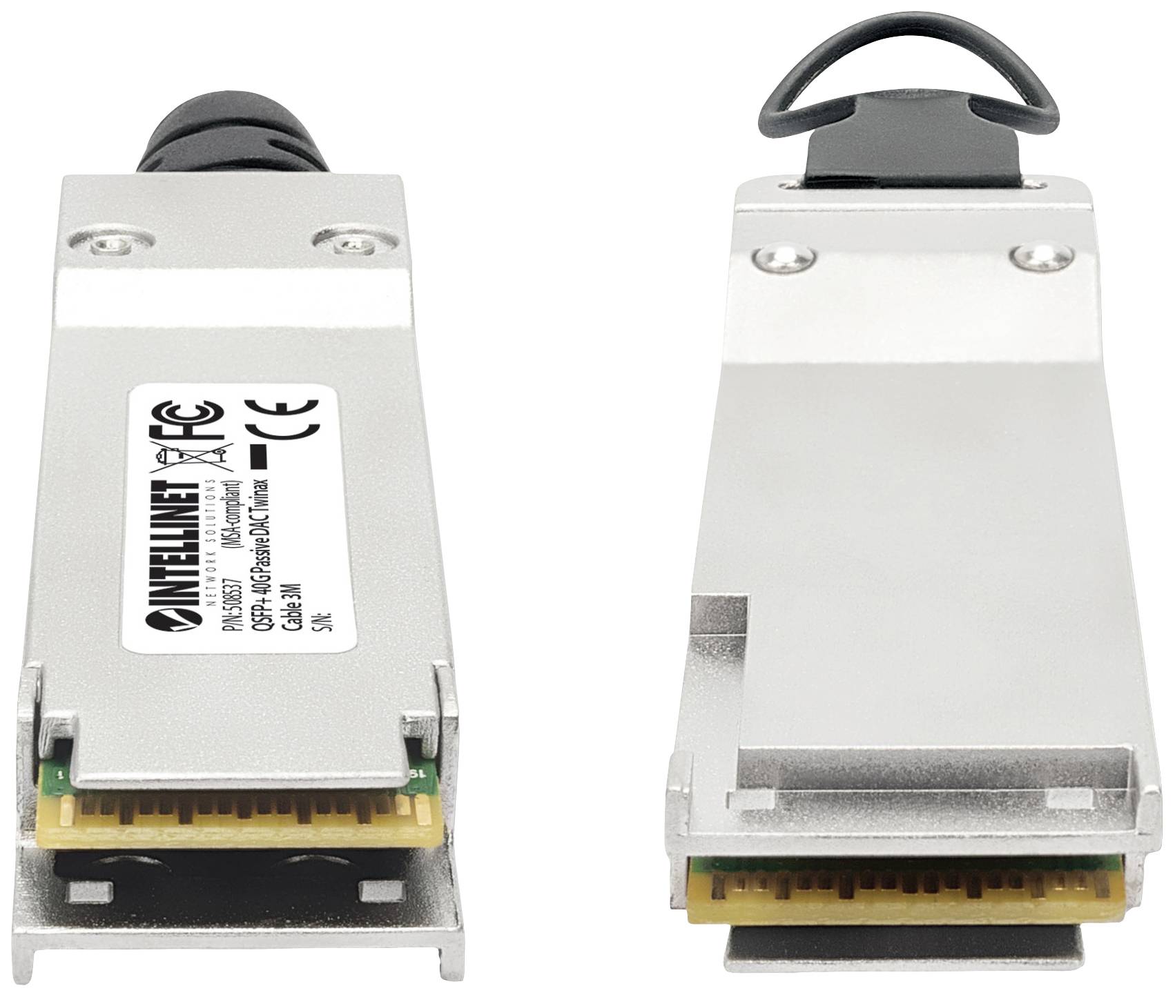 A silver optical transceiver with connection, labelled 'INLINE IN-78702CE, CE', front and rear views visible.