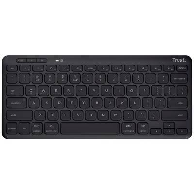 A black, flat, wireless computer keyboard with a standard key layout. Includes function keys, number keys, and letter keys.