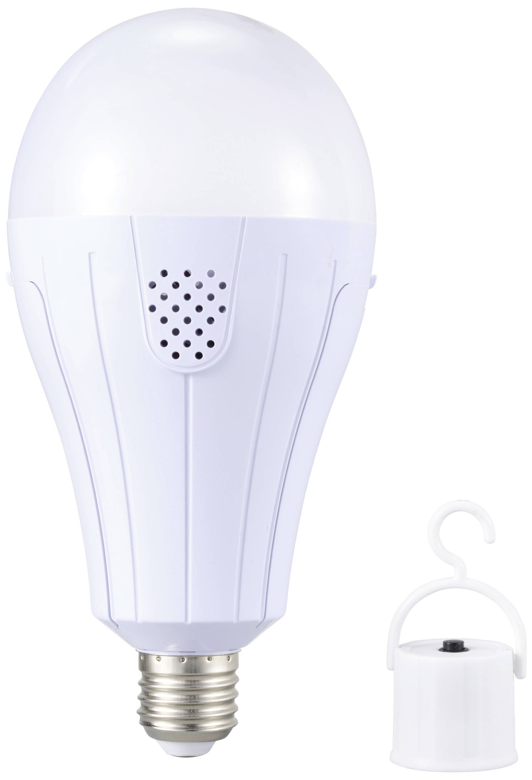 A white LED light bulb with an integrated speaker and a matching hook attachment for easy hanging. Perfect for versatile lighting and audio.