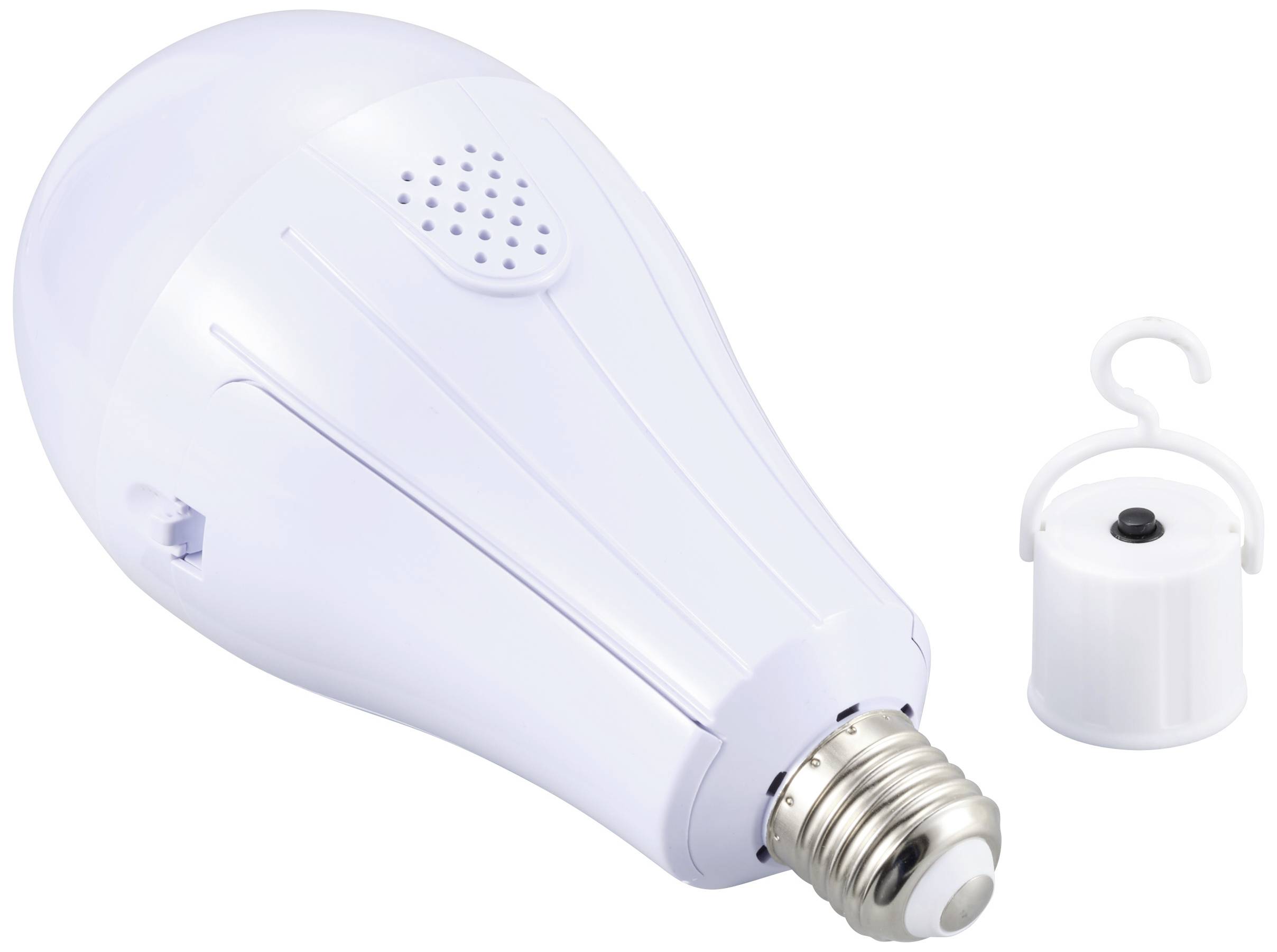 Light bulb with E27 socket, integrated speaker, and removable hook. Perfect for lighting and music in a single device.