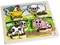 Wooden puzzle featuring four animals: chicken, sheep, cow, and pig. Each animal is colourfully illustrated and fits into its own unique shape.