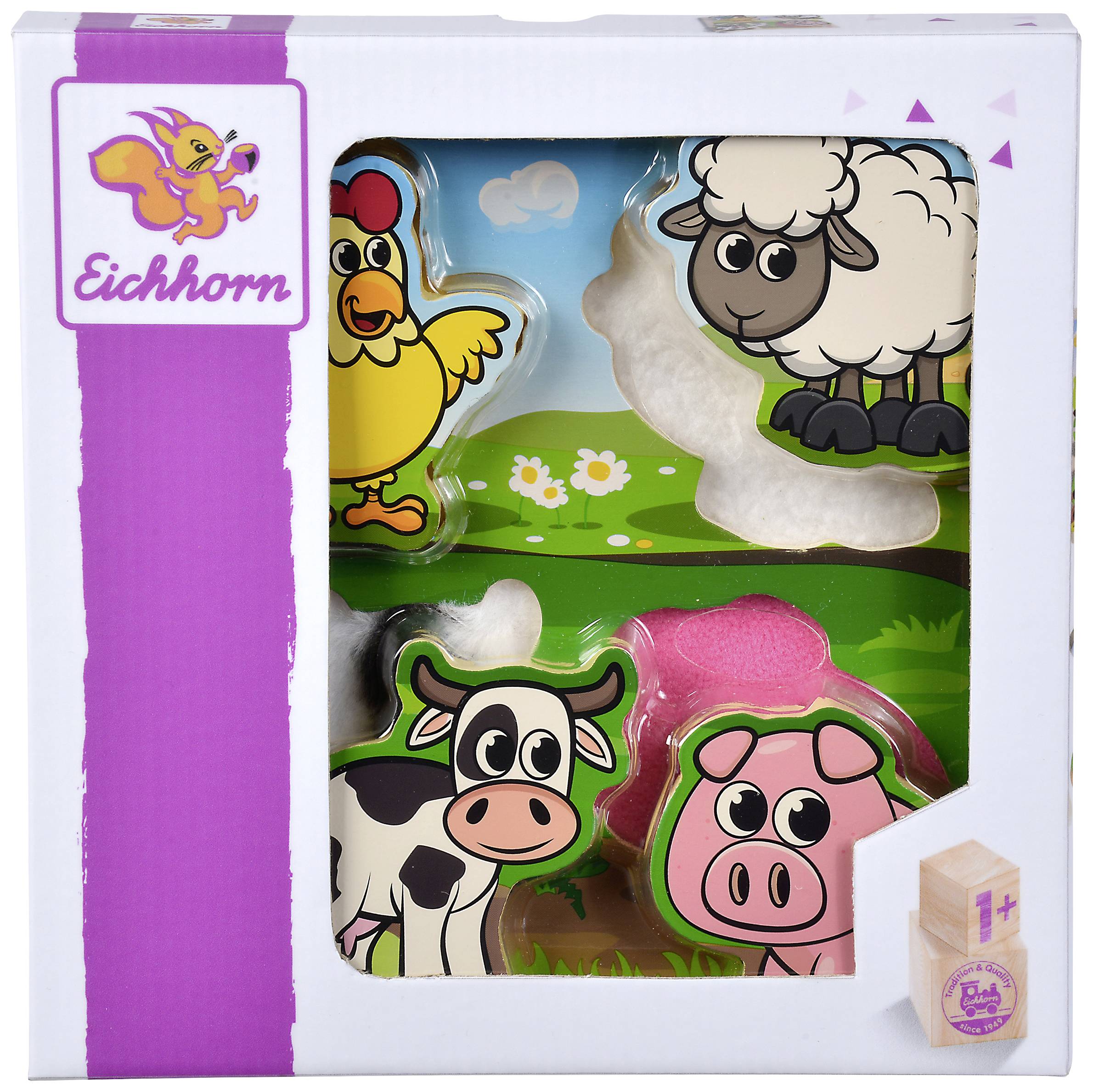 Product packaging for a wooden puzzle with farmyard motifs by Eichhorn. Depicts a cow, a pig, a sheep and a chicken. Suitable from 1 year old.