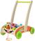 A colourful wooden baby walker with a cheerful face, filled with geometric building blocks. Suitable for toddlers for playing and learning to walk.