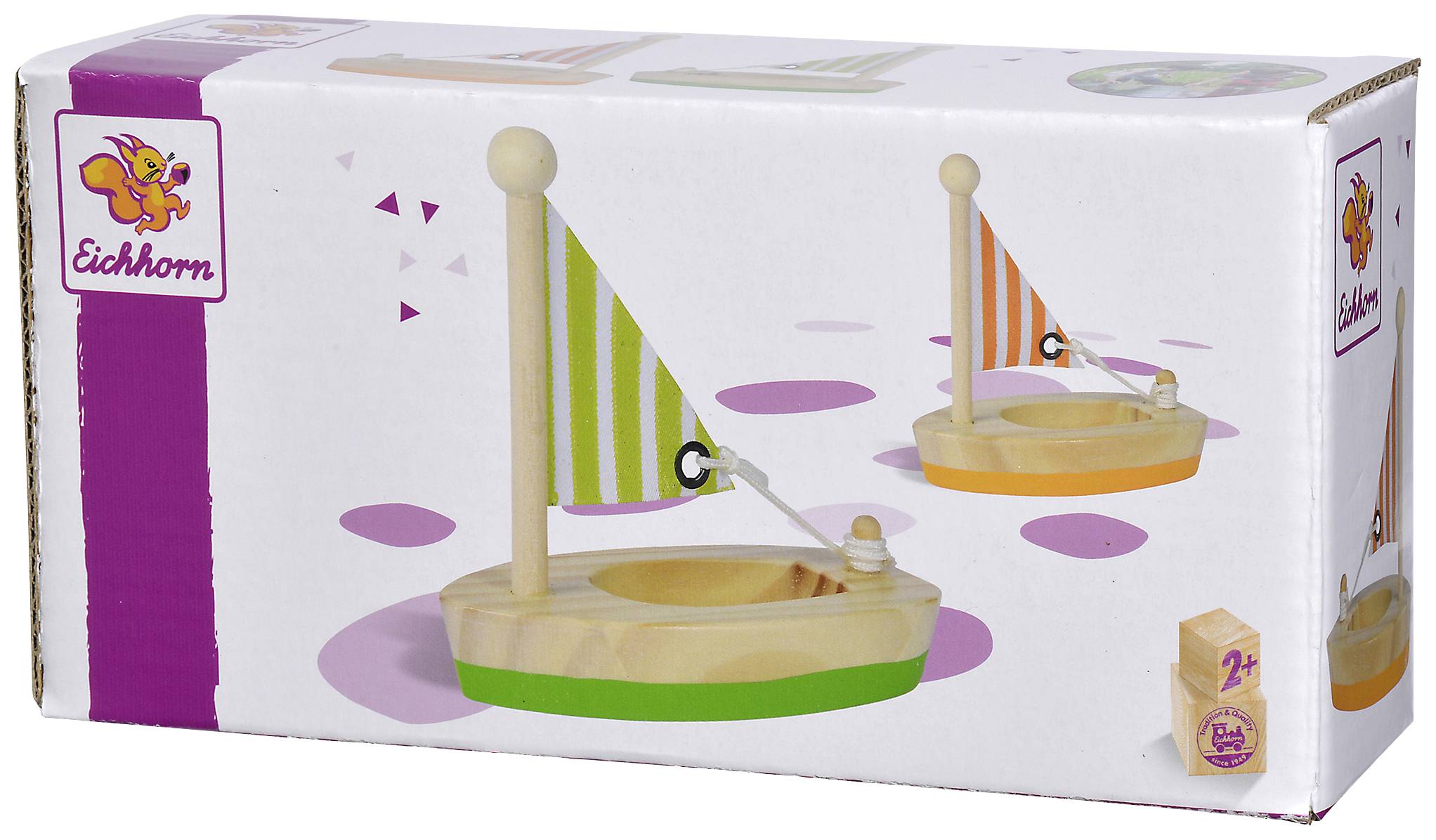 Packaging of a wooden toy boat with a green sail. 'Eichhorn' brand shows two boats. Age recommendation: from 2 years old.