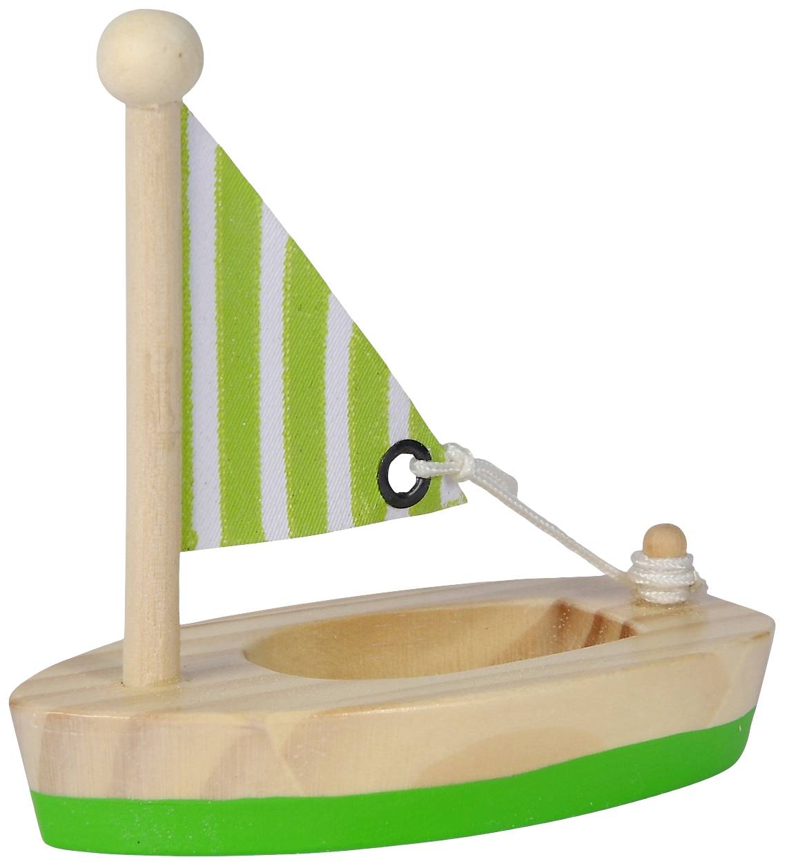 Wooden toy sailing boat with a green and white striped sail and a green stripe along the hull.