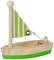 Wooden toy sailing boat with a green and white striped sail and a green stripe along the hull.