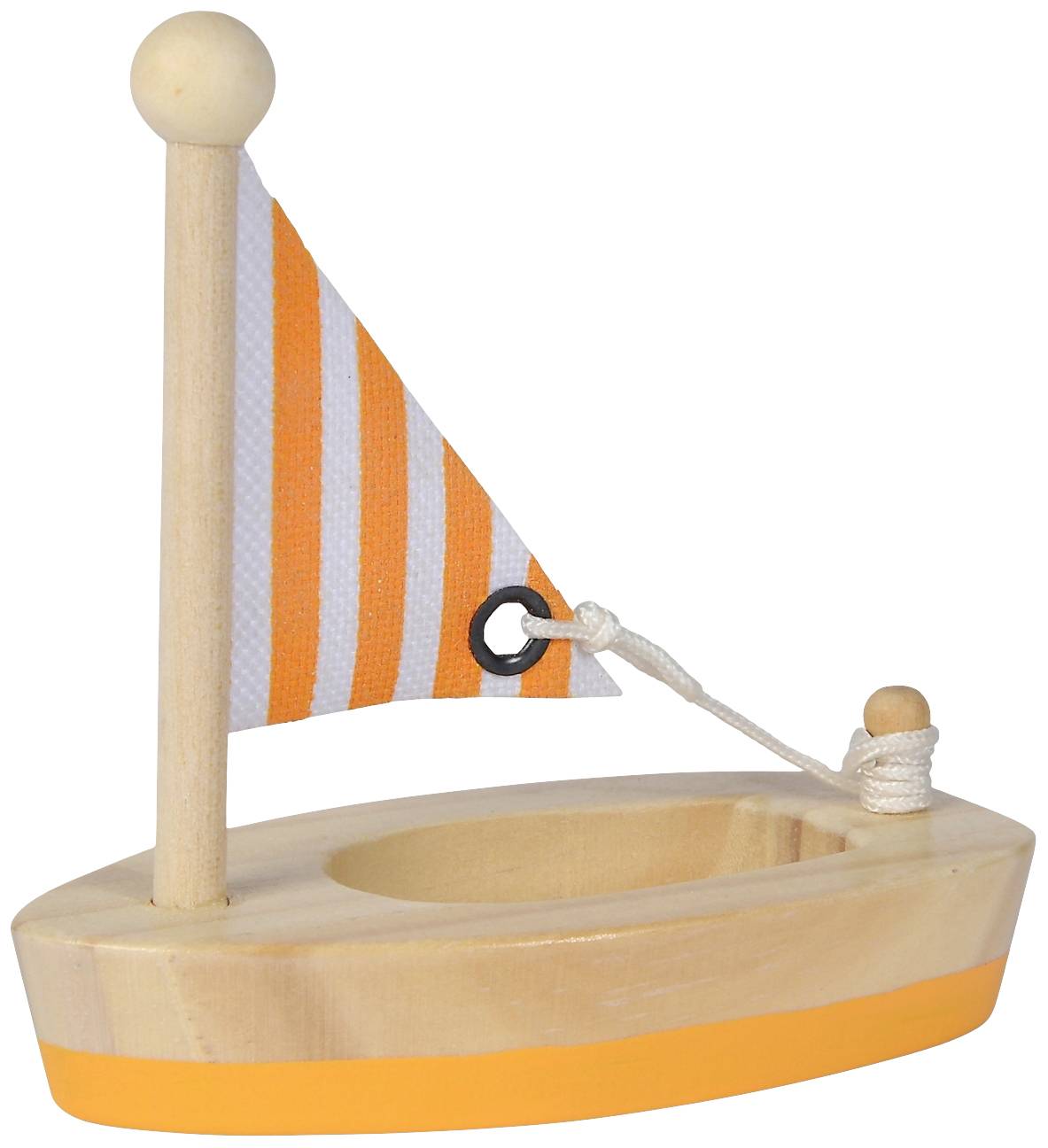 Wooden toy boat with an orange striped flag.
