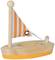 Wooden toy boat with an orange striped flag.