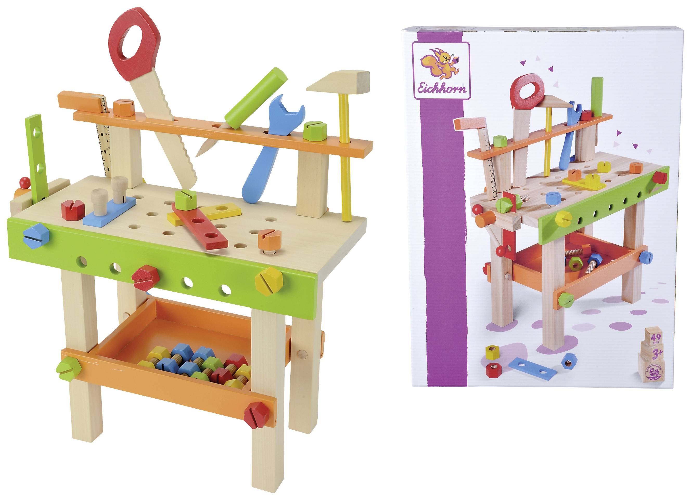 Wooden workbench for children with colourful tools and accessories, perfect for playing and learning. Packaging shows the set fully assembled.