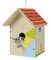 A painted wooden birdhouse with a red roof. A small bird sits at the entrance. Decorated with colourful shapes and a sun.