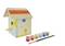Kit for a bird house with brush and six colourful paints for decorating. The bird house features a painted flower and sun design.