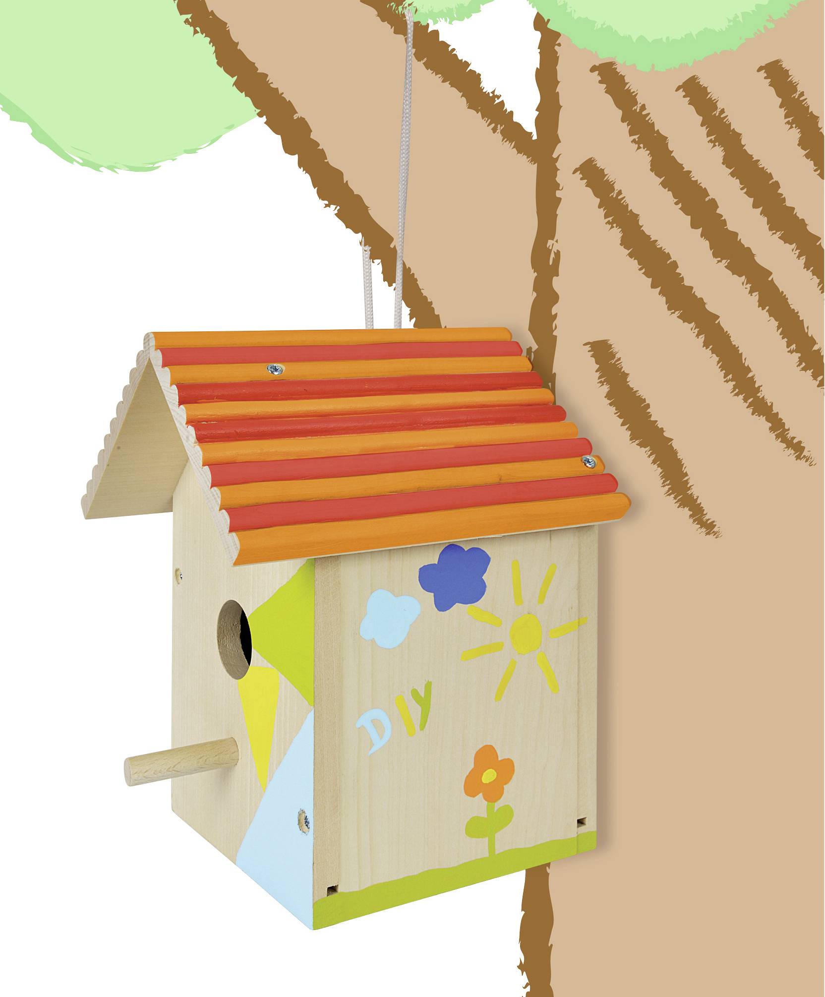 A painted wooden birdhouse with a bright red roof hangs from a tree. Colourfully decorated with flowers, a sun, and the lettering 'DIY'.