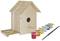 Wooden birdhouse with hanging ropes, six small paint pots in different colours, and a paintbrush.