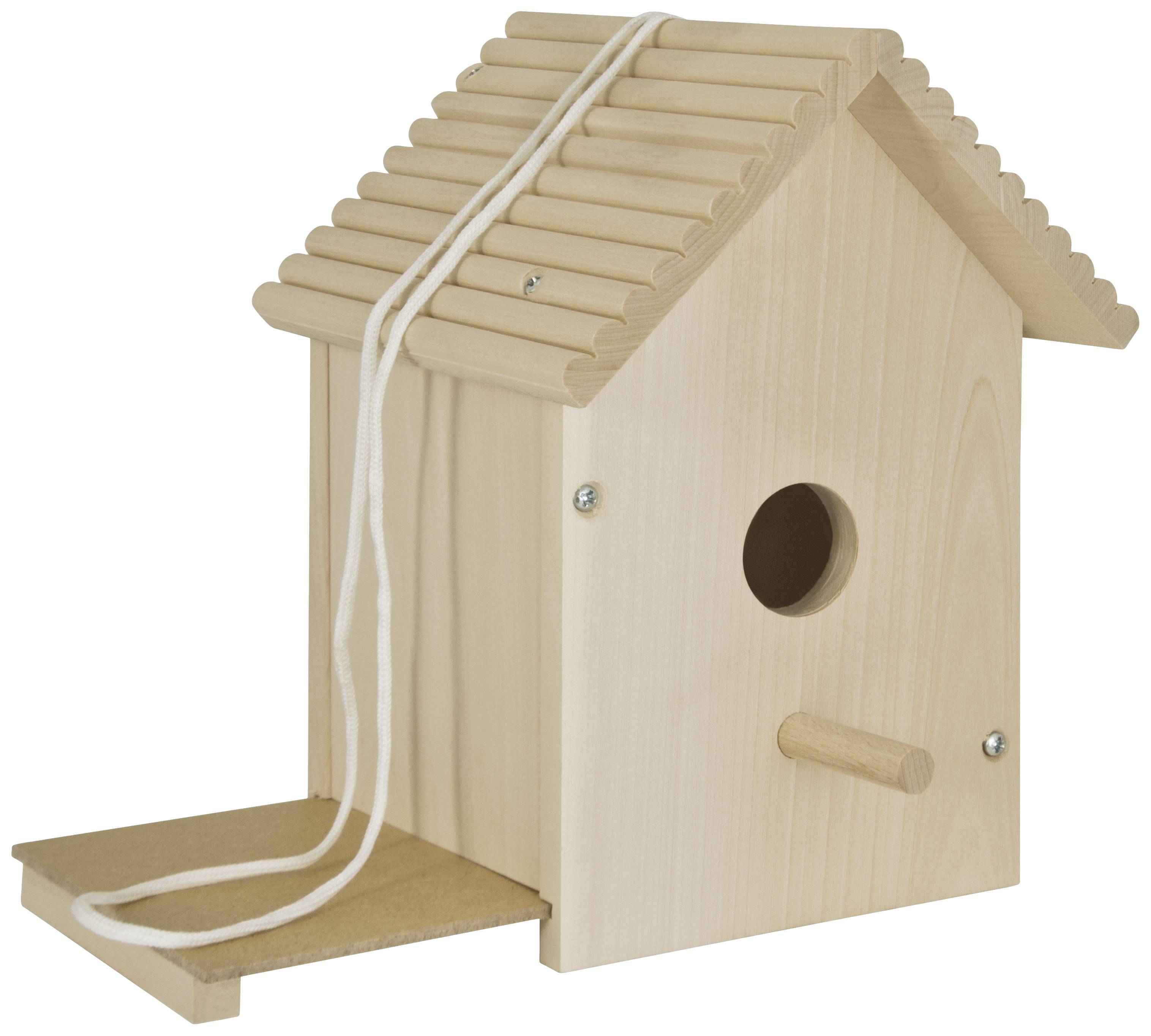 A simple wooden birdhouse with a round entrance hole and perch, suitable for hanging in the garden.