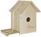 A simple wooden birdhouse with a round entrance hole and perch, suitable for hanging in the garden.