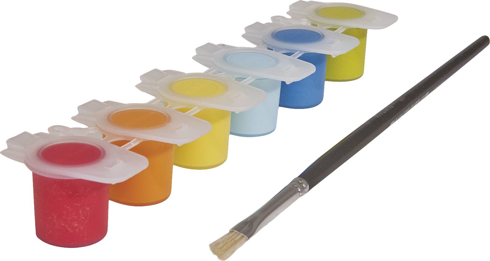 Paint pots in red, orange, yellow, blue, and green are lined up with a paintbrush beside them.