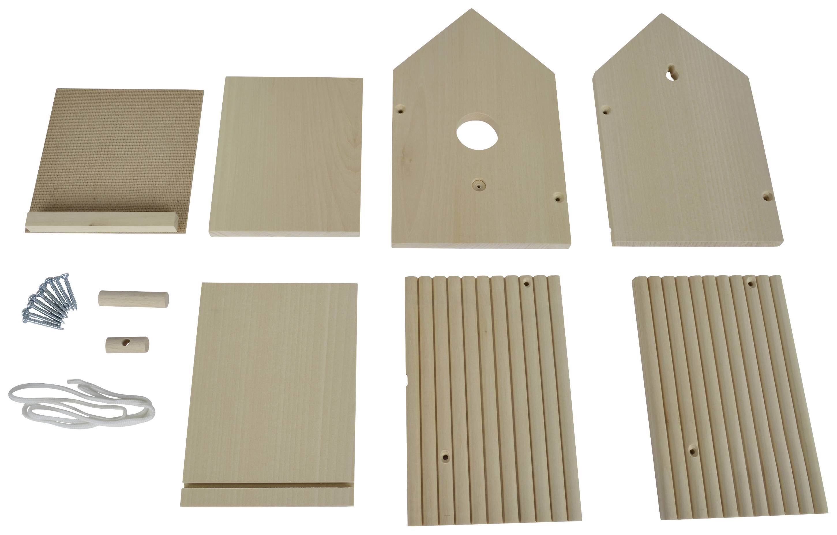 Parts for a wooden nesting box kit: two trapezoidal walls, two rectangular panels, round dowels, screws, string.