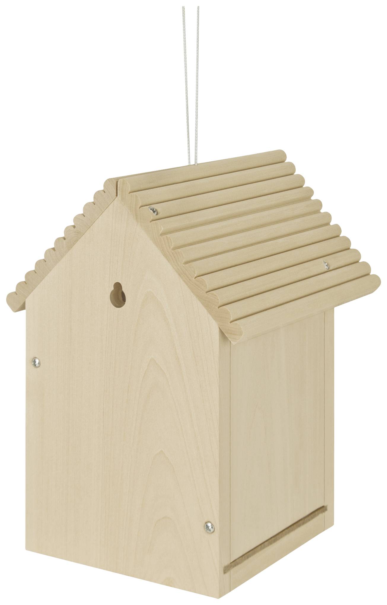 Wooden bird house with a pitched roof, hanging from two cords, simple design for outdoor use.