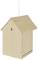 Wooden bird house with a pitched roof, hanging from two cords, simple design for outdoor use.