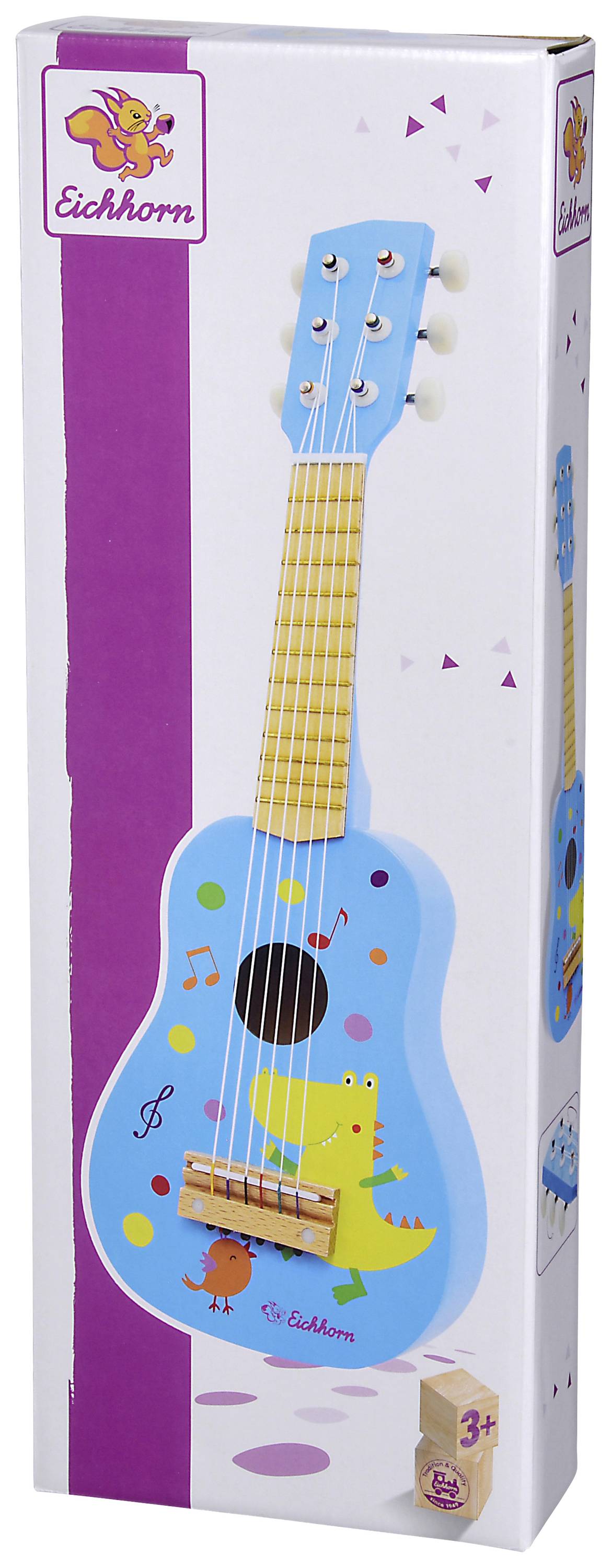 Toy guitar by Eichhorn in blue with colourful design, packaged in a box. Print features a yellow animal motif. Suitable for children aged 3 and above.