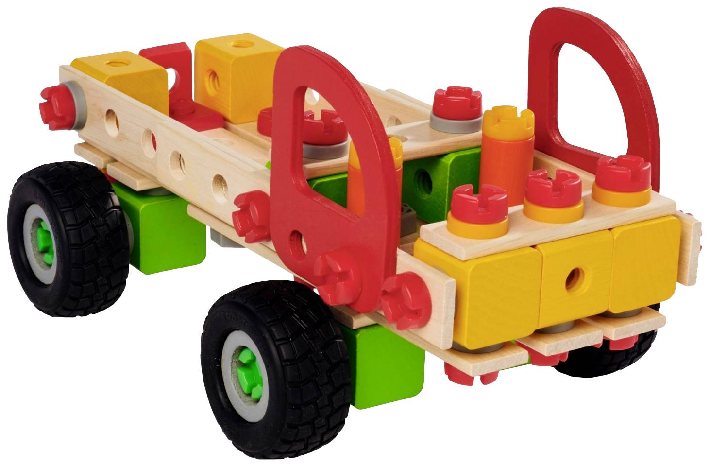 A colourful wooden toy car with red doors and four wheels, assembled from interlocking building blocks.