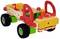 A colourful wooden toy car with red doors and four wheels, assembled from interlocking building blocks.