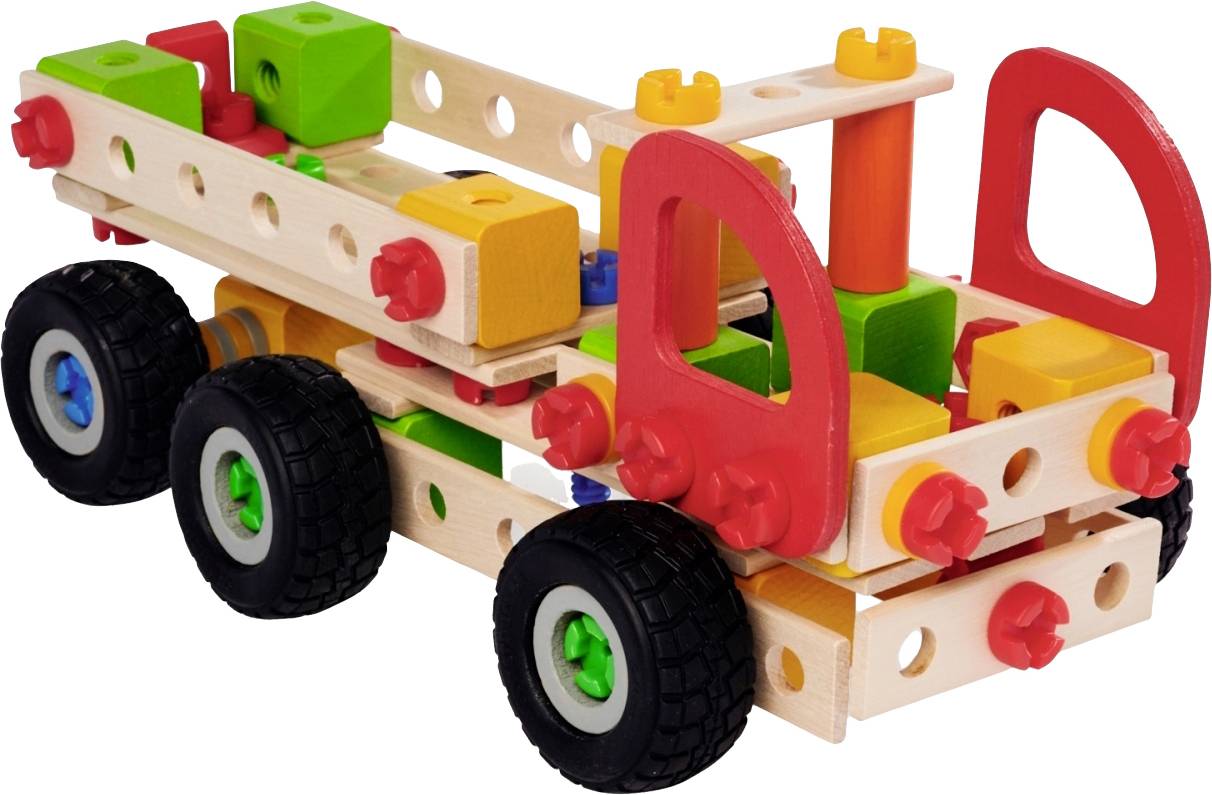 Wooden toy lorry with colourful building blocks and movable wheels, suitable for creative play and motor skills development.