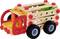 Wooden lorry construction kit with colourful components and black wheels.