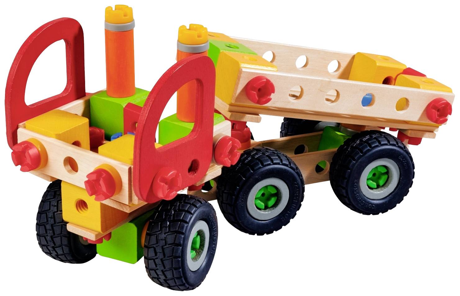 Colourful wooden toy vehicle with building blocks and wheels, similar to a lorry. The vehicle is an educational toy for children.