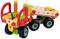 Colourful wooden toy vehicle with building blocks and wheels, similar to a lorry. The vehicle is an educational toy for children.