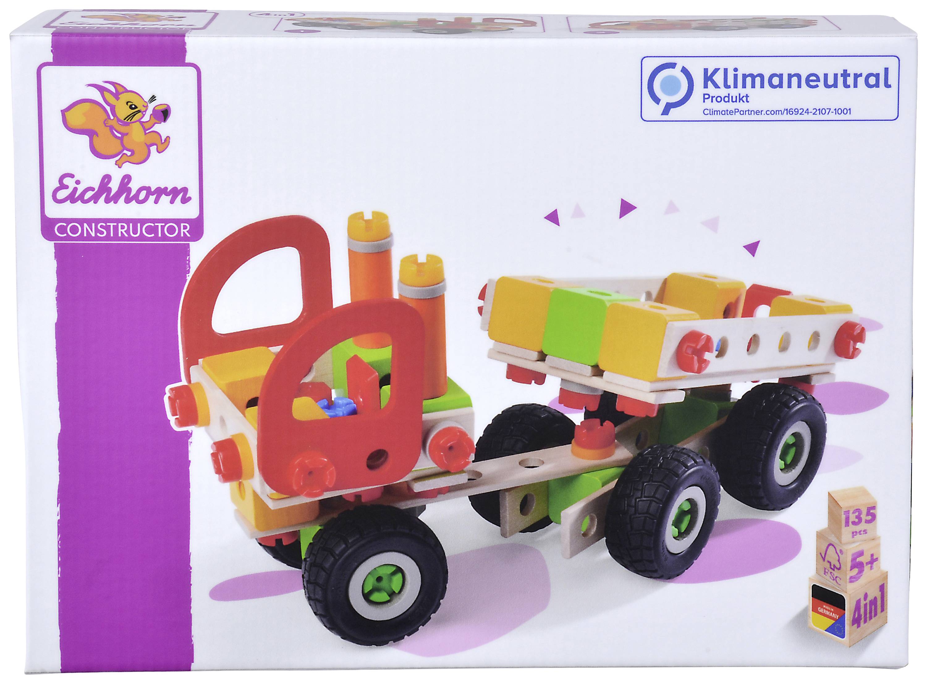 Wooden learning toy construction kit with colourful components, suitable for children aged 5 and over. Packaging indicates a climate-neutral product.