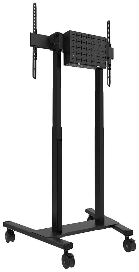A black, height-adjustable TV stand on four wheels. Ideal for moving televisions or monitors between different rooms.