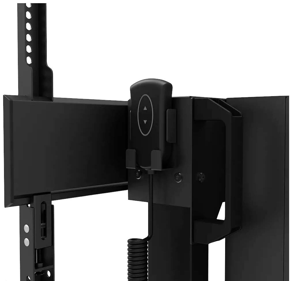 A black TV wall mount with an adjustable arm and a remote control holder. Suitable for flat-screen televisions.