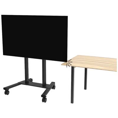 A black screen on wheels beside a wooden table with metal legs on a white background.