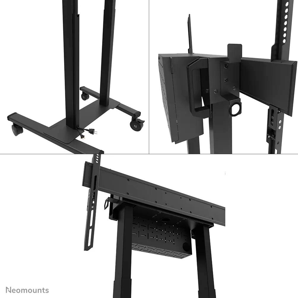This image depicts an adjustable-height TV stand on castors, which provides a tiltable mount for monitors or televisions.