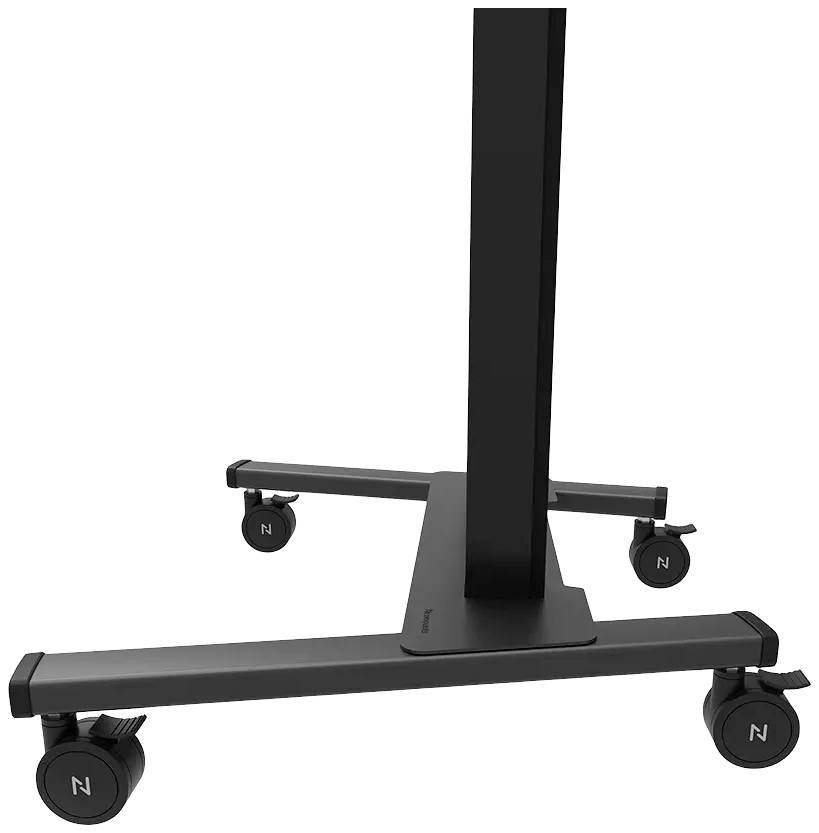 Black stand with four wheels and sturdy construction. Suitable for the mobility and stability of mounted equipment.